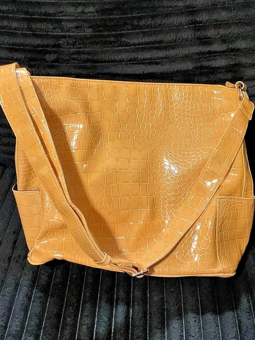 Crocodile-Embossed Shoulder Bag in Mustard Color